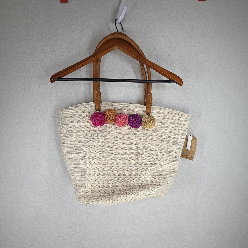 Vtg Red Camel Bag Tote Bags Purse Woven Straw Beach Pom Pom Lagenlook NWT Pool - Picture 2 of 12